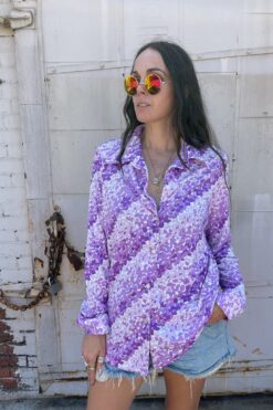 70s Lavender Flowers Diagonal Stripe Shirt - LG