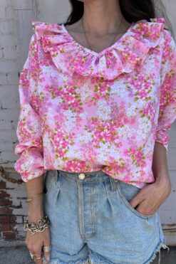 70s Barbie Pink Floral Ruffled Top - Lg