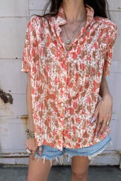 70s Terra Cotta Hibiscus Print Short Sleeve Button Down - LG/XLG