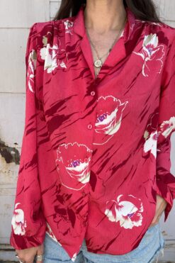 SOLD 70s Silky Crimson Poppies Button Down Shirt - LG