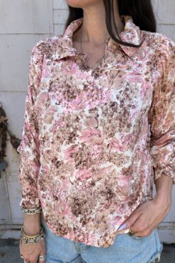 70s Blush Floral Print Shirt - Med