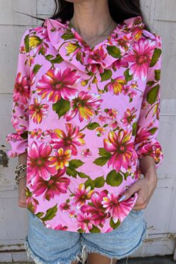 70s Pink Flowers Ruffle Top