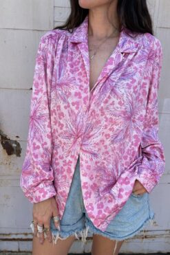 70s Pink Palm Trees Button Down Shirt - XLG