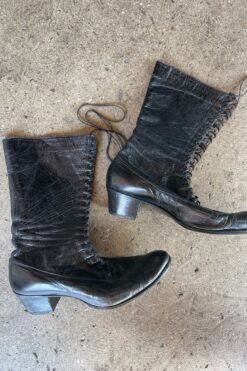 Black Leather Lace Up Granny Boots - 7