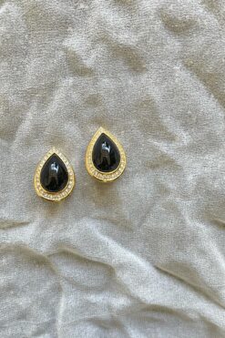 Vintage Christian Dior Black & Gold Rhinestone Earrings - Clip On