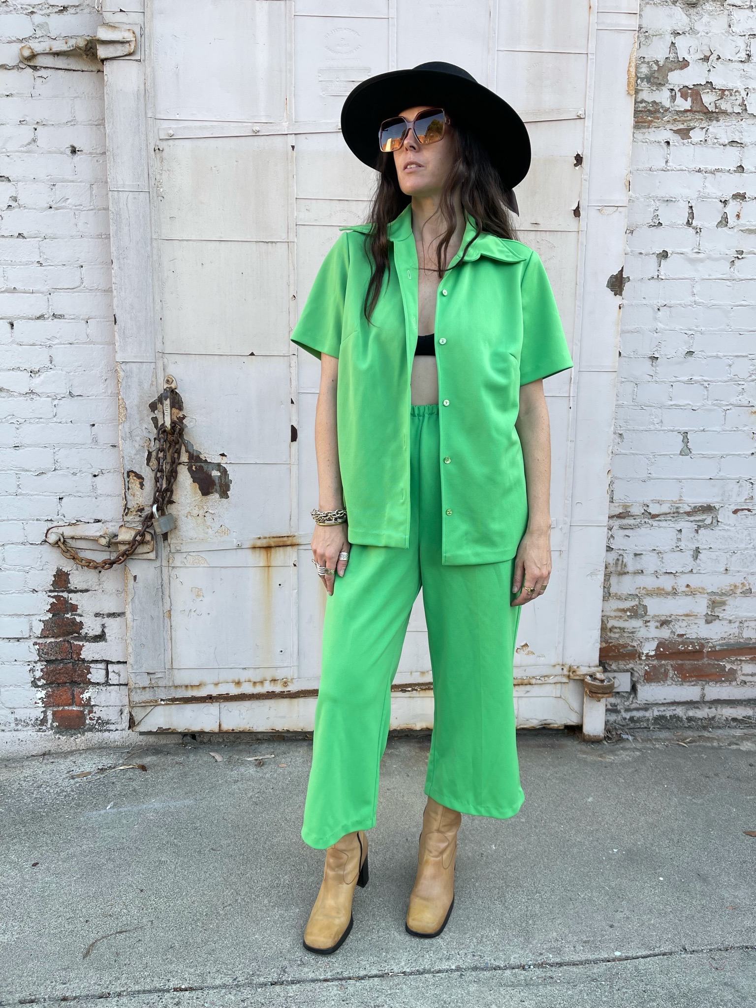 70s Key Lime Green Two Vintage → Short Set Hotbox – Sleeve Piece M/L