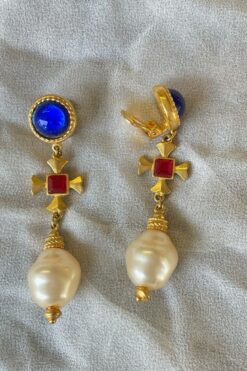 Vintage Ruby Rhinestone & Blue Glass Faux Pearl Drop Earrings - Clip On