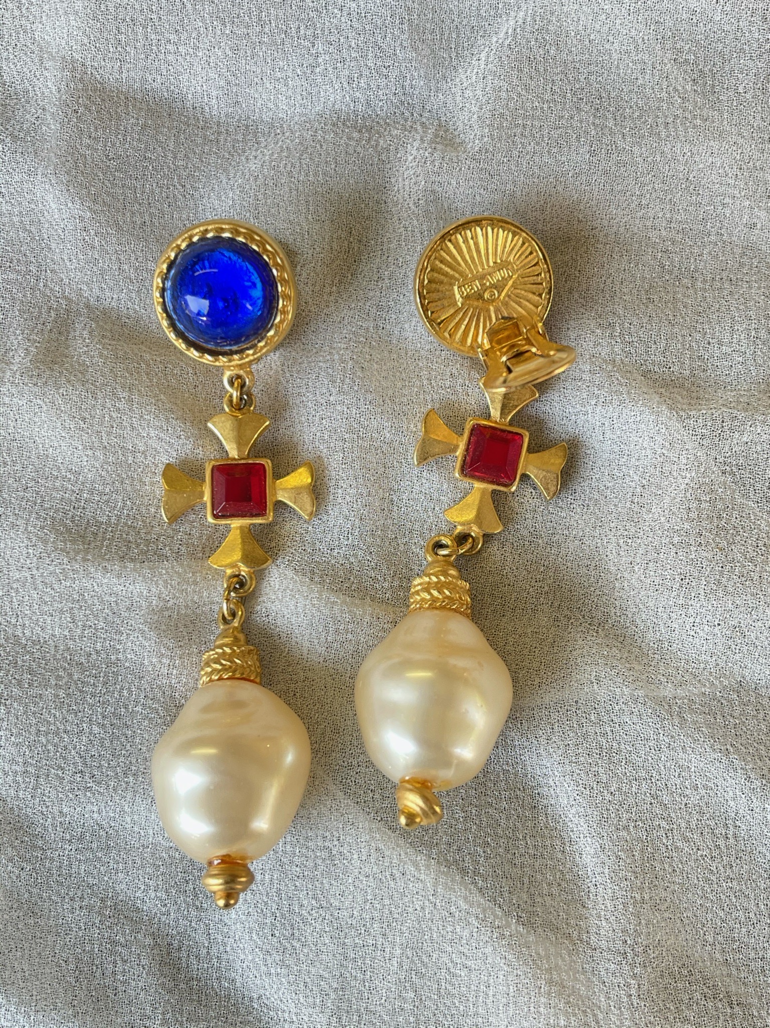 Vintage Ruby Rhinestone & Blue Glass Faux Pearl Drop Earrings