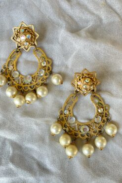 80s Large Chandelier Faux Rhinestone and Pearl Dangle Earrings - Clip On