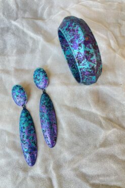 80s Turquoise & Purple Painted Earrings and Bracelet Set