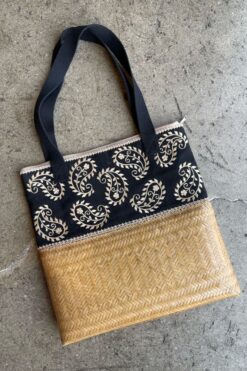 Vintage Embroidered Paisley Straw Tote Bag