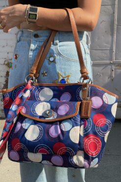Coach Navy Polka Dot Shoulder Tote with Leather Trim