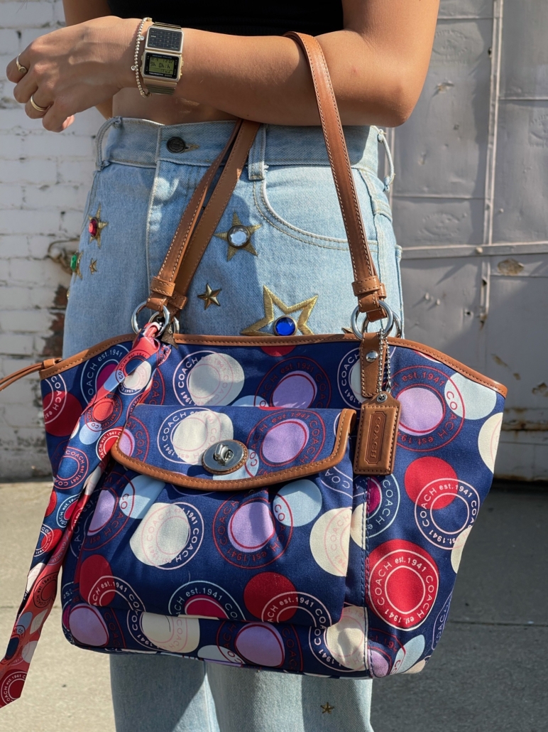 Coach Navy Polka Dot Shoulder Tote with Leather Trim → Hotbox Vintage