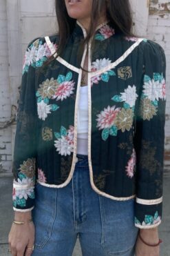 70s Quilted Lotus Print Jacket - Medium