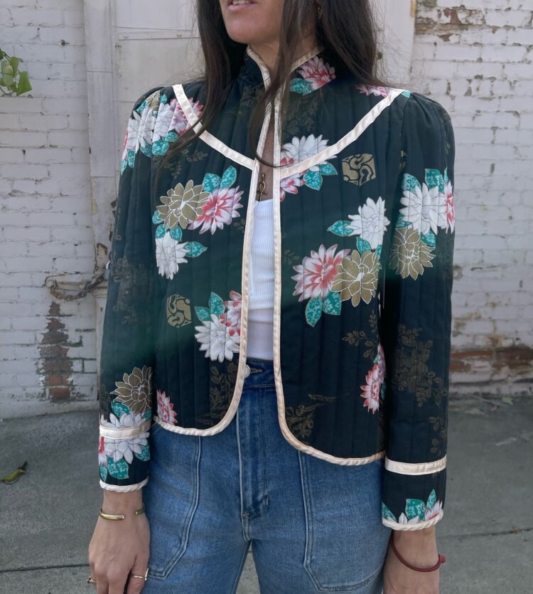 70s Quilted Lotus Print Jacket - Medium