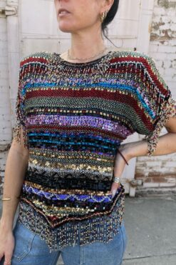 80s Tasseled Beaded Stripes Top - Medium