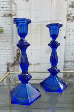 SOLD Vintage Pair of Two Royal Blue Glass Candle Holders