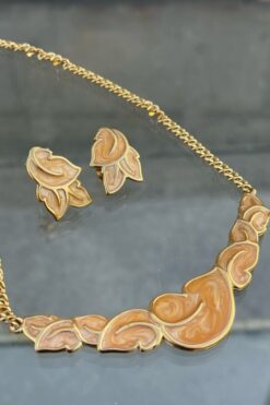 Vintage Gold Enamel Necklace and Clip On Earring Set