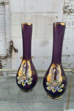 SOLD Vintage Hand-painted Purple Glass Vase - Set of Two