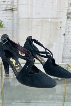 Vintage YSL Paris Black Suede Art Nouveau Heels - Size 7
