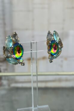 Vintage Blue and Iridescent Rhinestone Clip-On Earrings