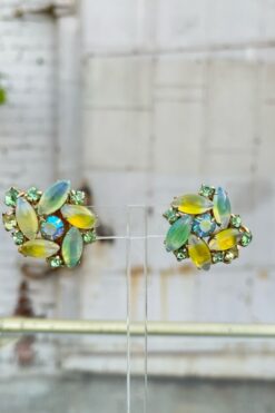 Vintage Lime and Blue Rhinestone Clip-On Earrings