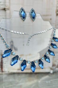 Vintage Blue Rhinestone Necklace and Clip on Earring Set