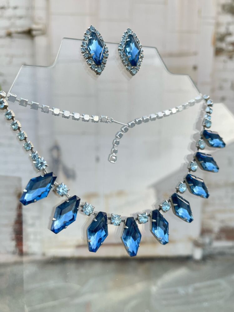 Vintage Statement Blue Rhinestone Necklace and Clip on Earring Set – Hotbox  Vintage