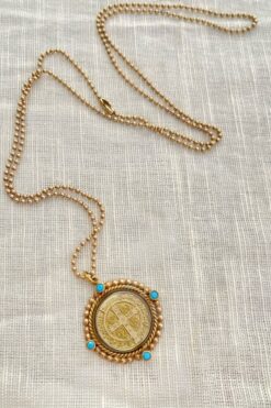 Gold and Turquoise Virgins Saints and Angels Medallion Cross Necklace