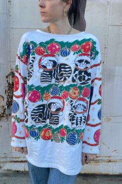 SOLD 90s Christmas Kitty Cat in Santas Hat Sweater  - M/L