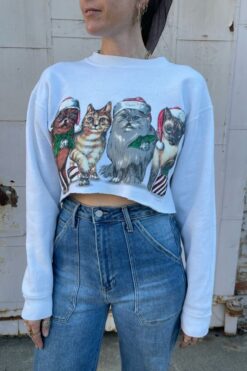 SOLD Christmas Kitty Cats Cropped Sweater - Medium