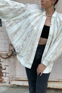 80s White Leather and Lace Batwing Jacket - S/M