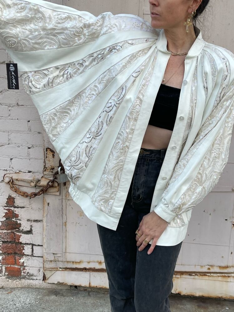 80s White Leather and Lace Batwing Jacket - S/M