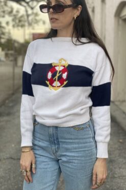 Vintage Wide Nautical Stripe Navy Anchor Sweater - S