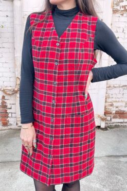 Vintage Red Plaid Wool Dress - Large