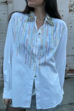 90s Rainbow Beaded Button Down Shirt - LG/XLG