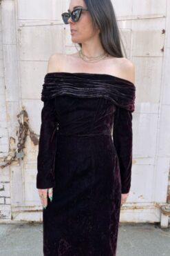 90s Dark Maroon Velvet Off-the-Shoulder Maxi Dress - Medium