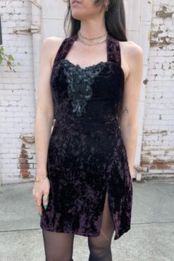 80s Dark Maroon Crushed Velvet Mini Dress - Medium