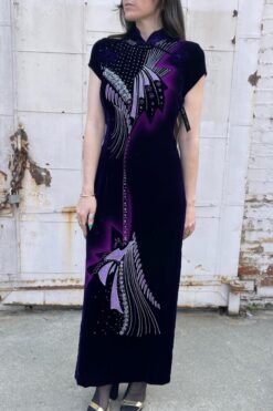 Vintage Faux Deco Purple Velvet Maxi Dress - Medium
