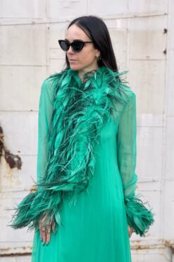 60s Feather Trimmed Emerald Green Silk Chiffon Maxi Dress