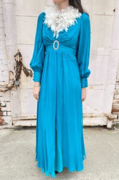 60s Turquoise Blue Silk Chiffon Gown - S/M
