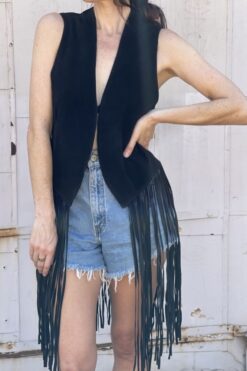 Vintage Black Suede Fringe Vest - One Size