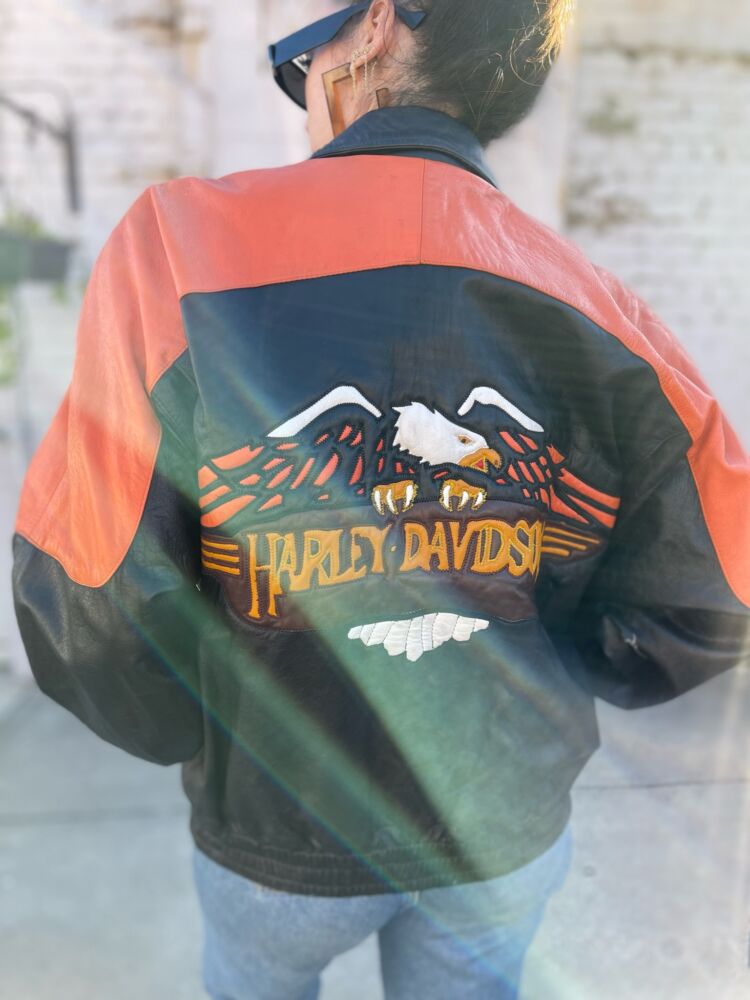 Vintage Harley-Davidson Orange and Black Logo Leather Tote Bag
