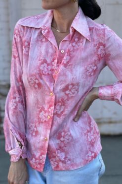 Vintage 70s Sheer Pink Cotton Button-Up - M