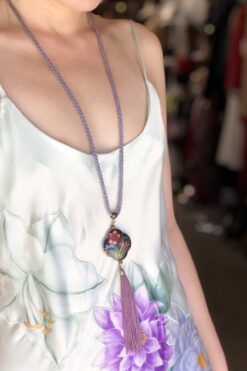 Cloisonné Floral Double sided Pendant Lavender Tassel Cord Necklace