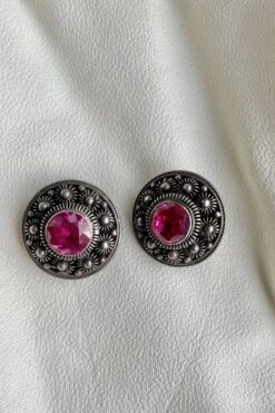 Vintage Sterling Silver Fuchsia Crystal Earrings - Clip On