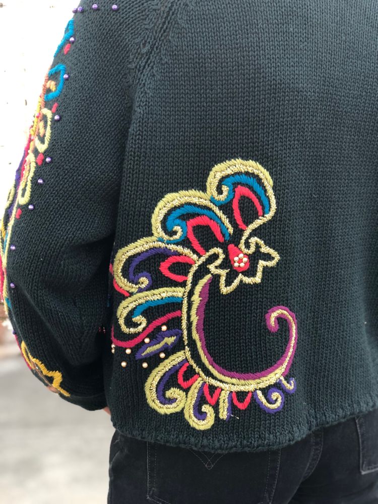 Textured Vinyl Michael Simon  Cache Black Cardigan Sweater Beaded Western Cowboy Boots Embroidery 1995 vintage. Bold Primary Colors